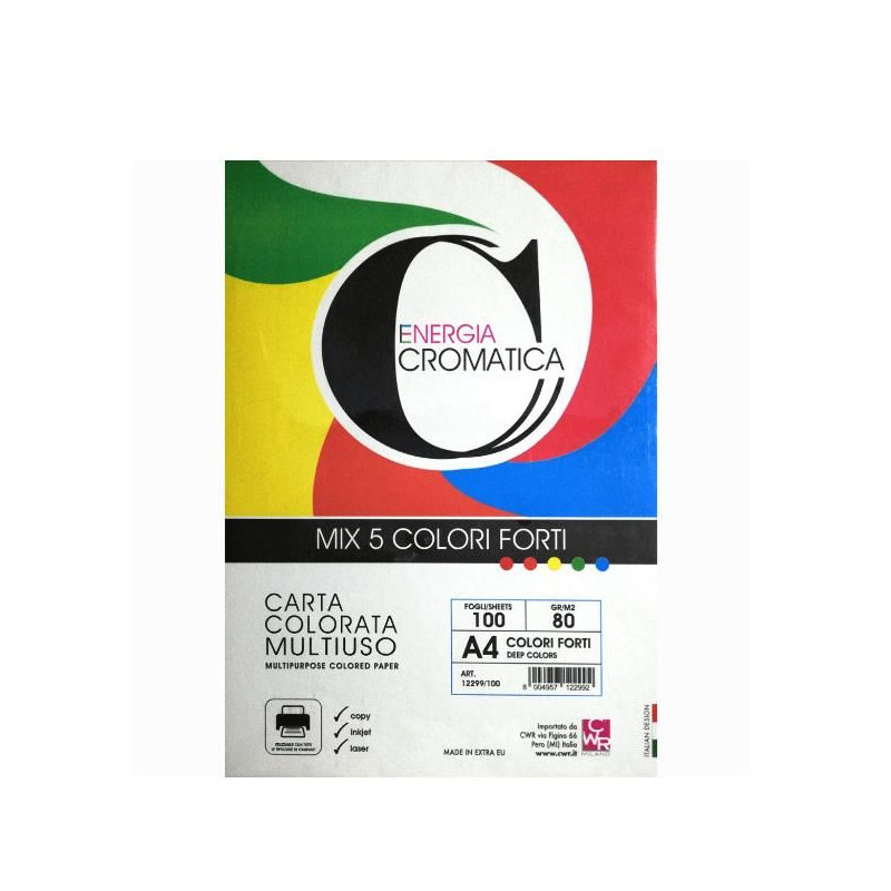 Confezione da 100 fogli di carta colorata, formato A4, grammatura 80 g, tinte vivaci in colori assortiti