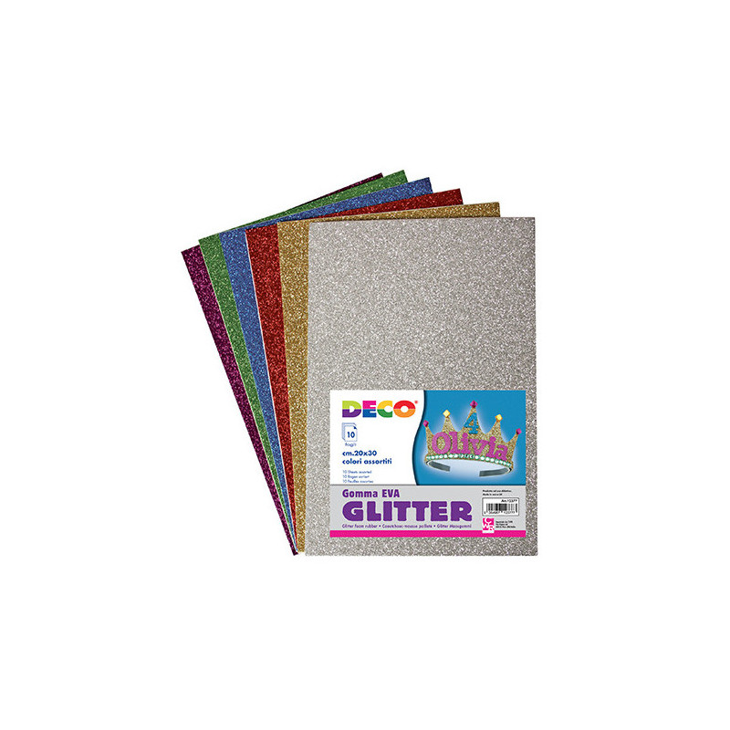 10 fogli di gomma crepla, misura 30x20 cm, finitura glitterata colori assortiti