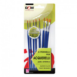 Set 8 pennelli in pelo sintetico per acquerelli, manico corto, punte dalle forme e misure assortite