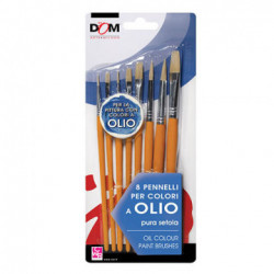 Set 8 pennelli in pura setola per pittura a olio, manico corto, punte dalle forme e misure assortite