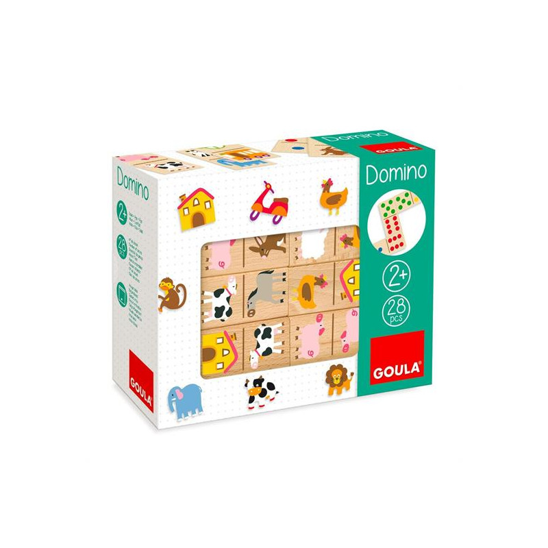 Domino animali della fattoria, 28 pezzi, color legno naturale con animaletti colorati