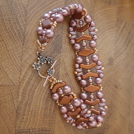 Bracciale fascia color oro rosa, realizzato a mano con perle austriache, 22 cm, chiusura a T