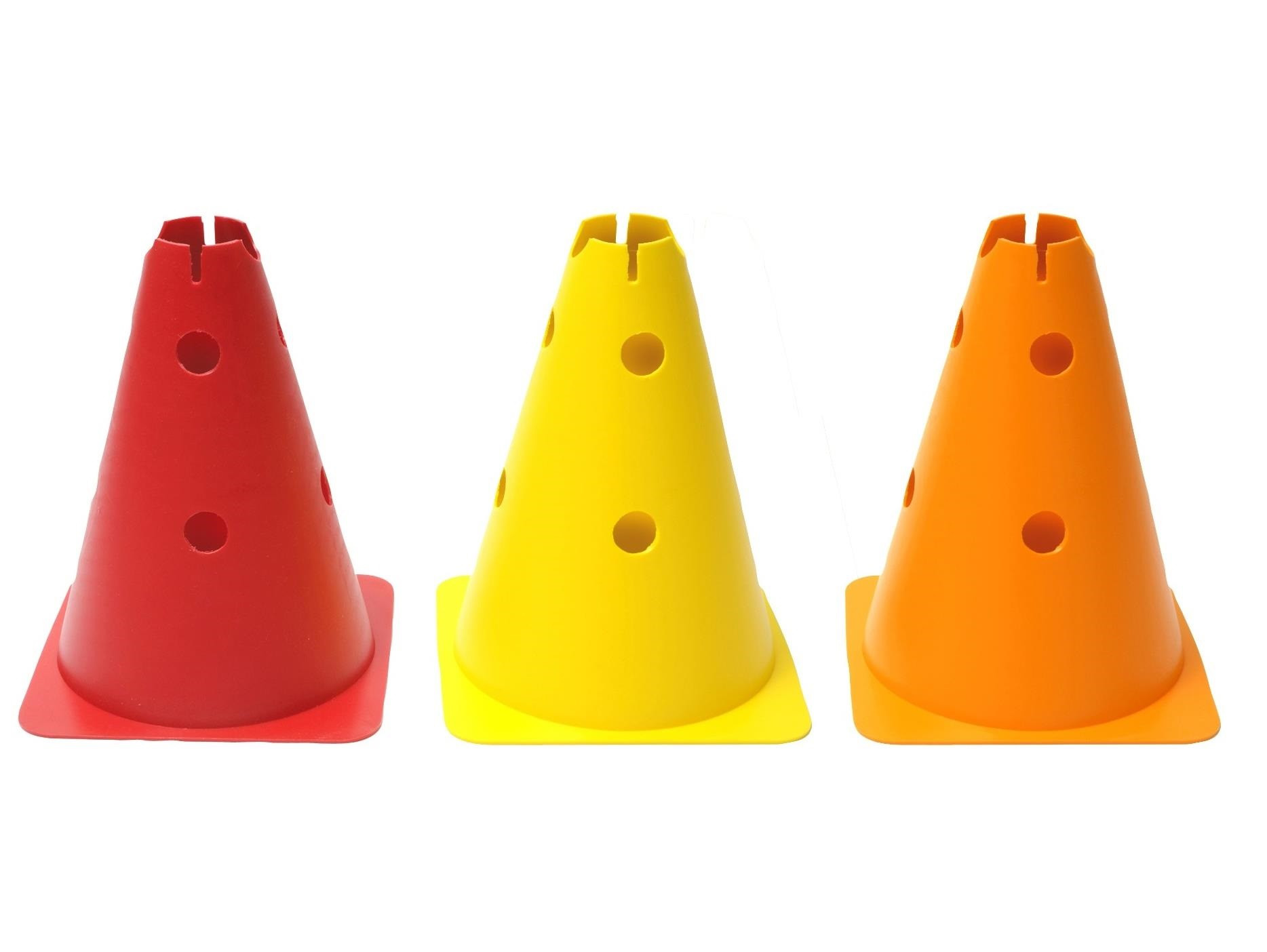 Coni cm 30 con base e otto fori per inserimento asta gamma colori rosso giallo e arancio Coni cm 30 con base e otto fori per inserimento asta gamma colori rosso giallo e arancio